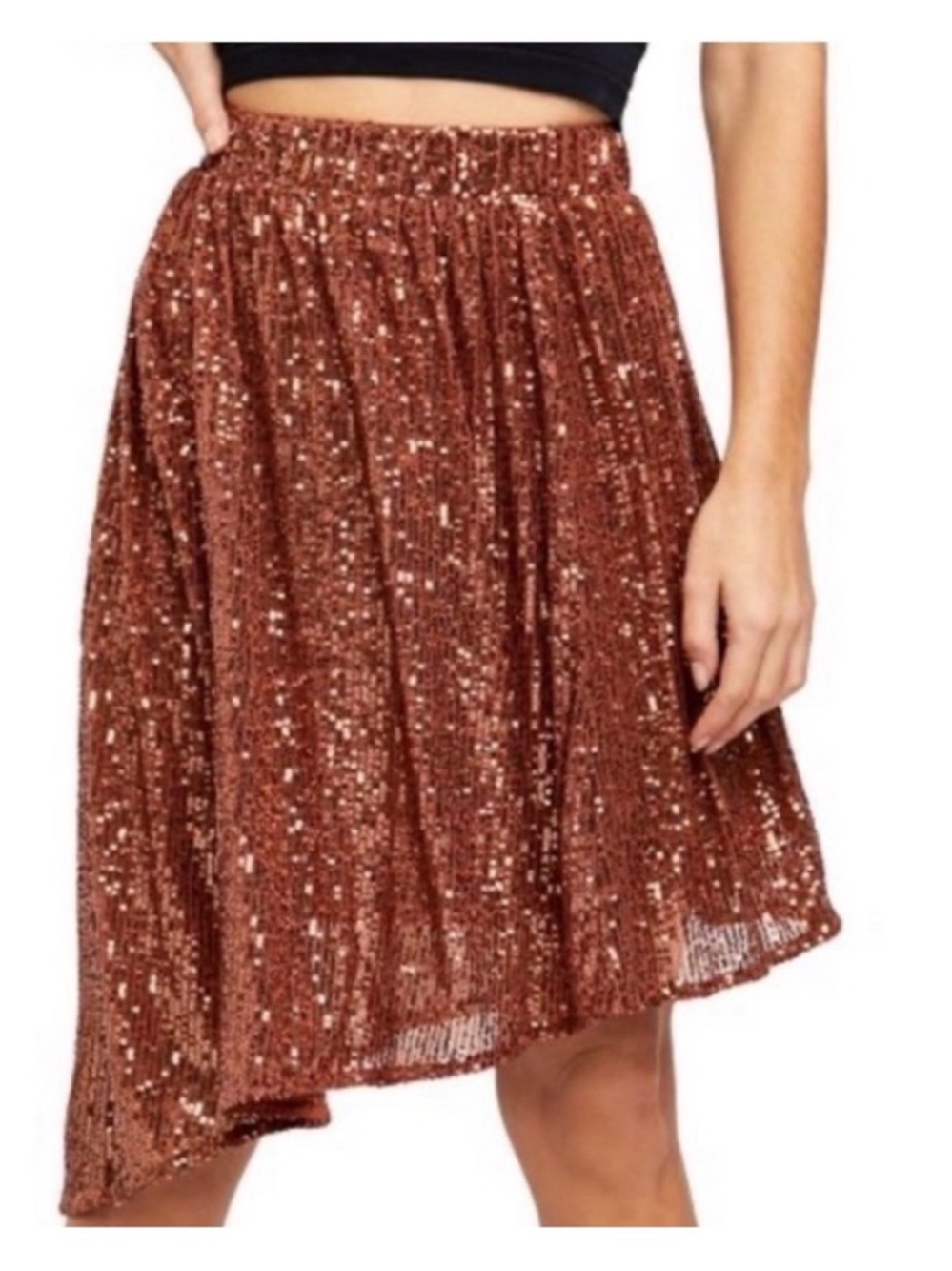 Free People Copper Sequin Asymmetrical Midi Skirt